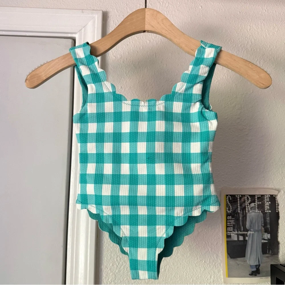 MARYSIA bumby kids girls‎ teal aqua white gingham scalloped one piece swimsuit